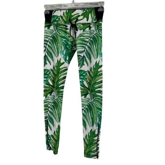 Power Woman Leggings Size M Running Fitted Compression Green Leaf Ankle Fitness - Picture 2 of 10
